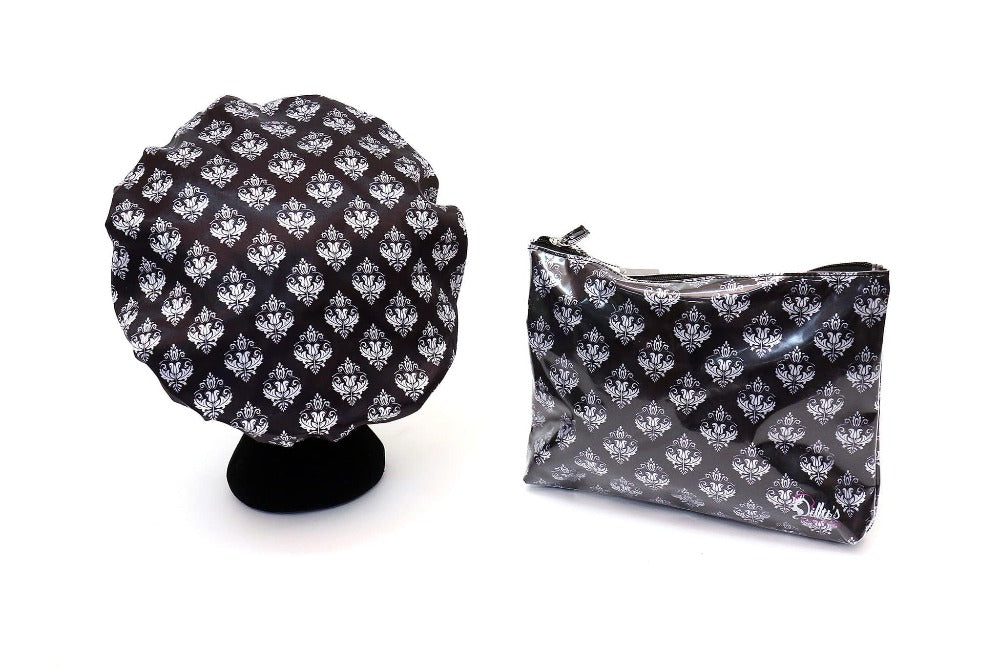 Damask Print Shower Cap and Matching Cosmetic Bag - Dilly's Collections -  Hair Beauty and Lifestyle Products Australia