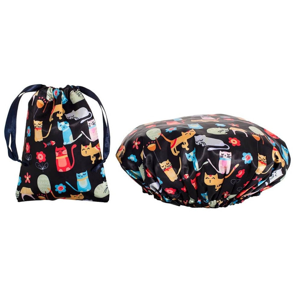 Shower Cap & Travel Bag  -  Cat Print - 2 layer with satin exterior - Dilly's Collection - Hair Beauty and Lifestyle Products Australia