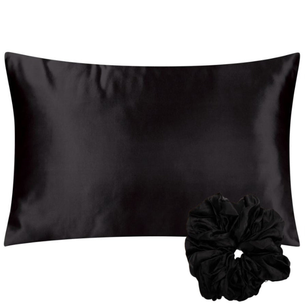 Black Satin Pillowcase & Hair Scrunchie Set - Luxurious Comfort for Hair and Skin - Dilly's Collections - Hair Beauty and Lifestyle Products Australia