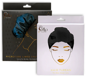 Bathroom Beauty Gift Set - Black - Microfibre  Lined Shower Cap and Microfibre Hair Turban- Dillys Collections - Hair Beauty and Lifestyle Products Australia